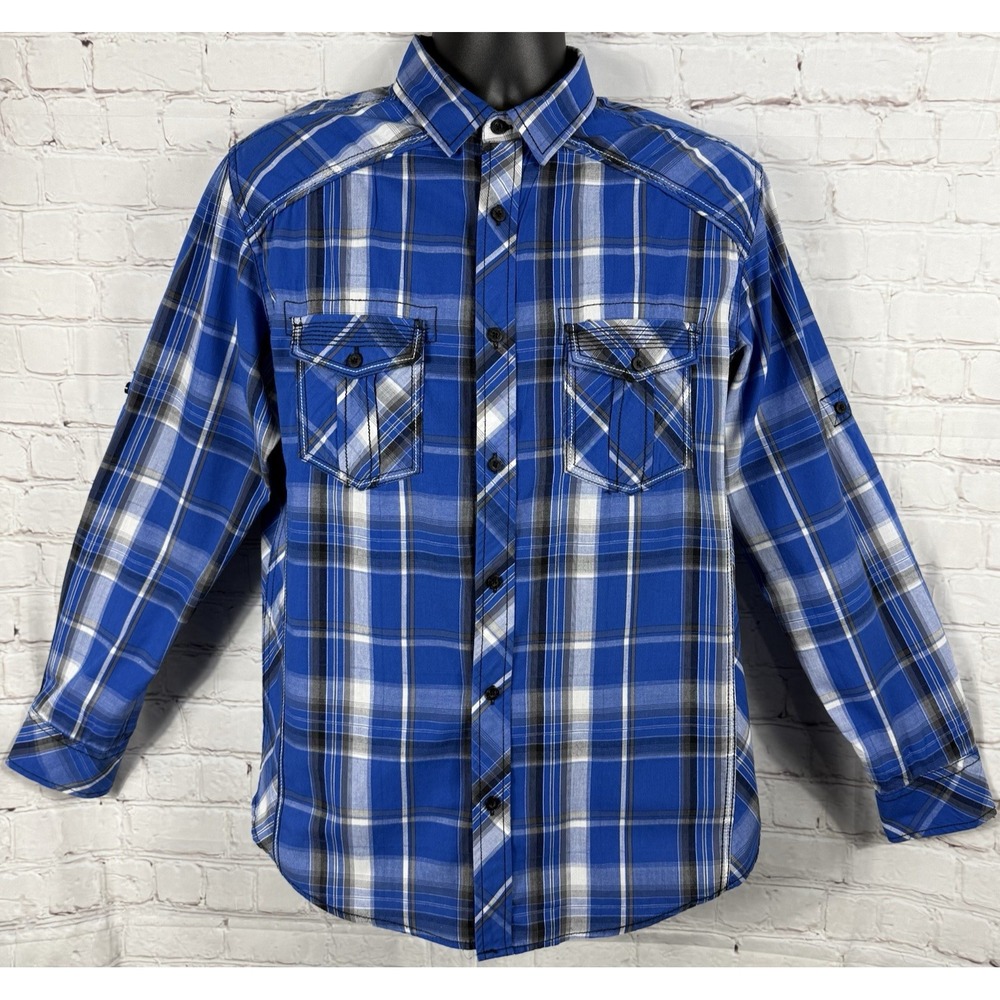 Helix Button Up Shirt Men's‎ Size Med. Blue Plaid Athletic Fit Long Sleeve